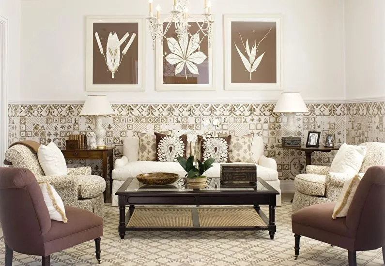 Сочетание цветов в интерьере гостиной - коричневый с белым и бежевым