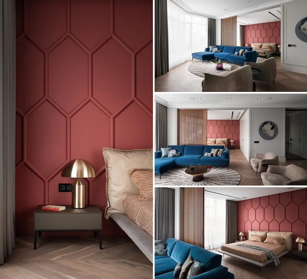 Удачное сочетание красного и синего цвета в оформлении гостиной комнаты совмещенной со спальней