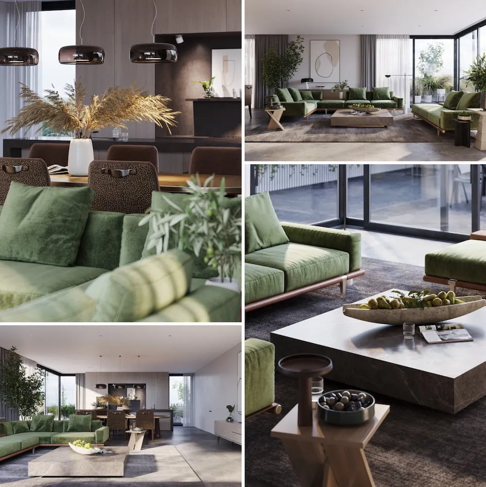 Большой зеленый диван стал главным акцентом в изящном интерьере просторной гостиной