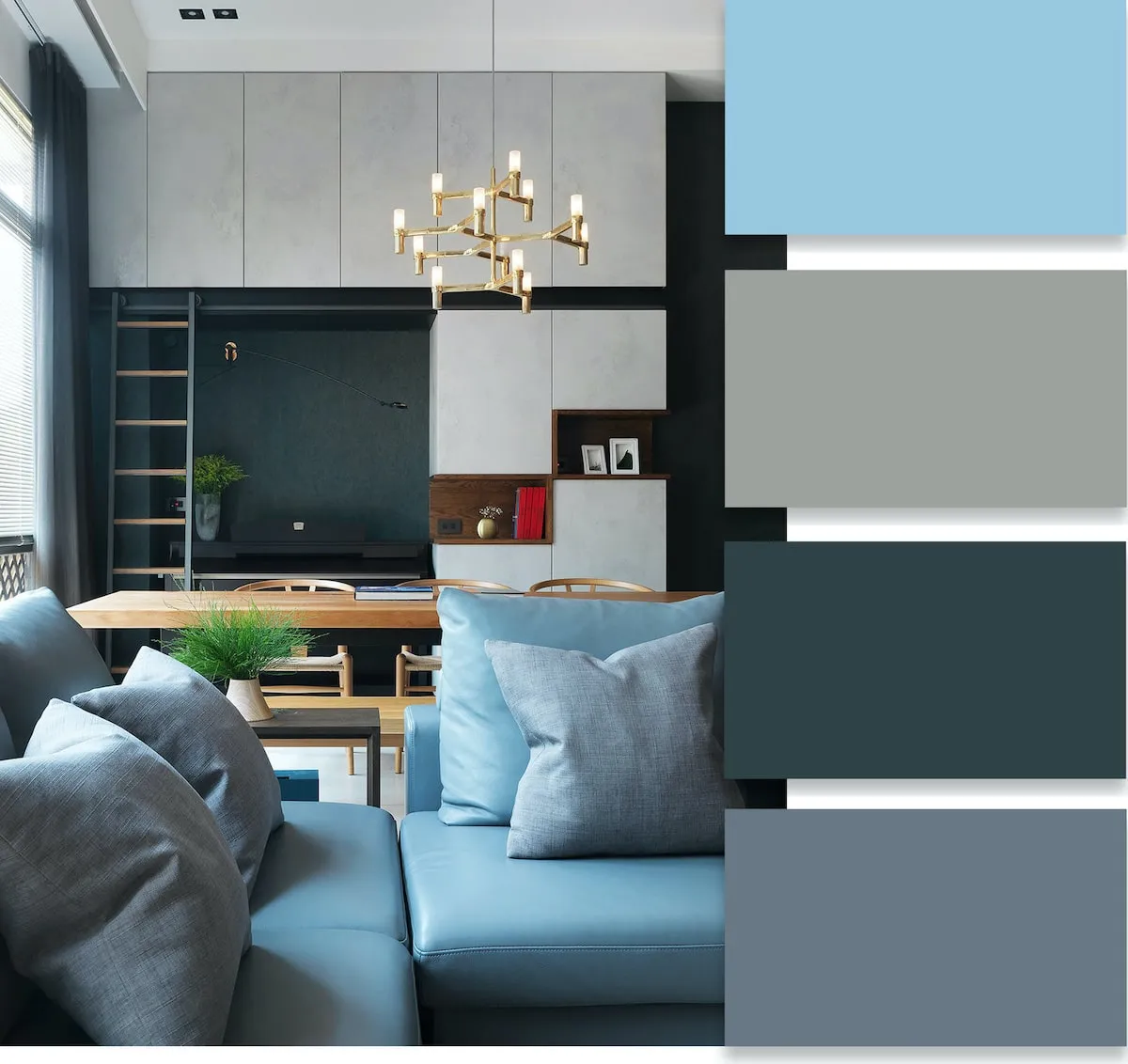 Стильный дизайн интерьера гостиной с роскошным голубым диваном
