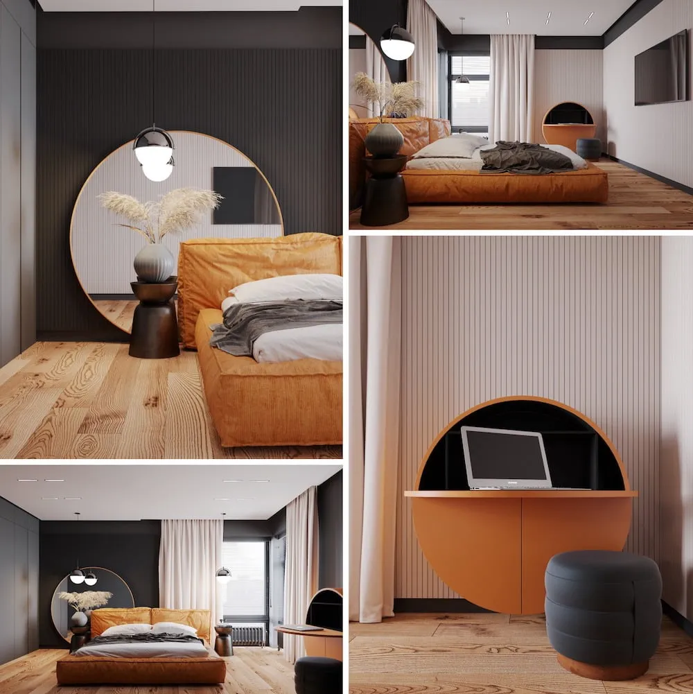 Интерьер оранжевой спальни, в которой присутствует правильное сочетание оттенков и цвета