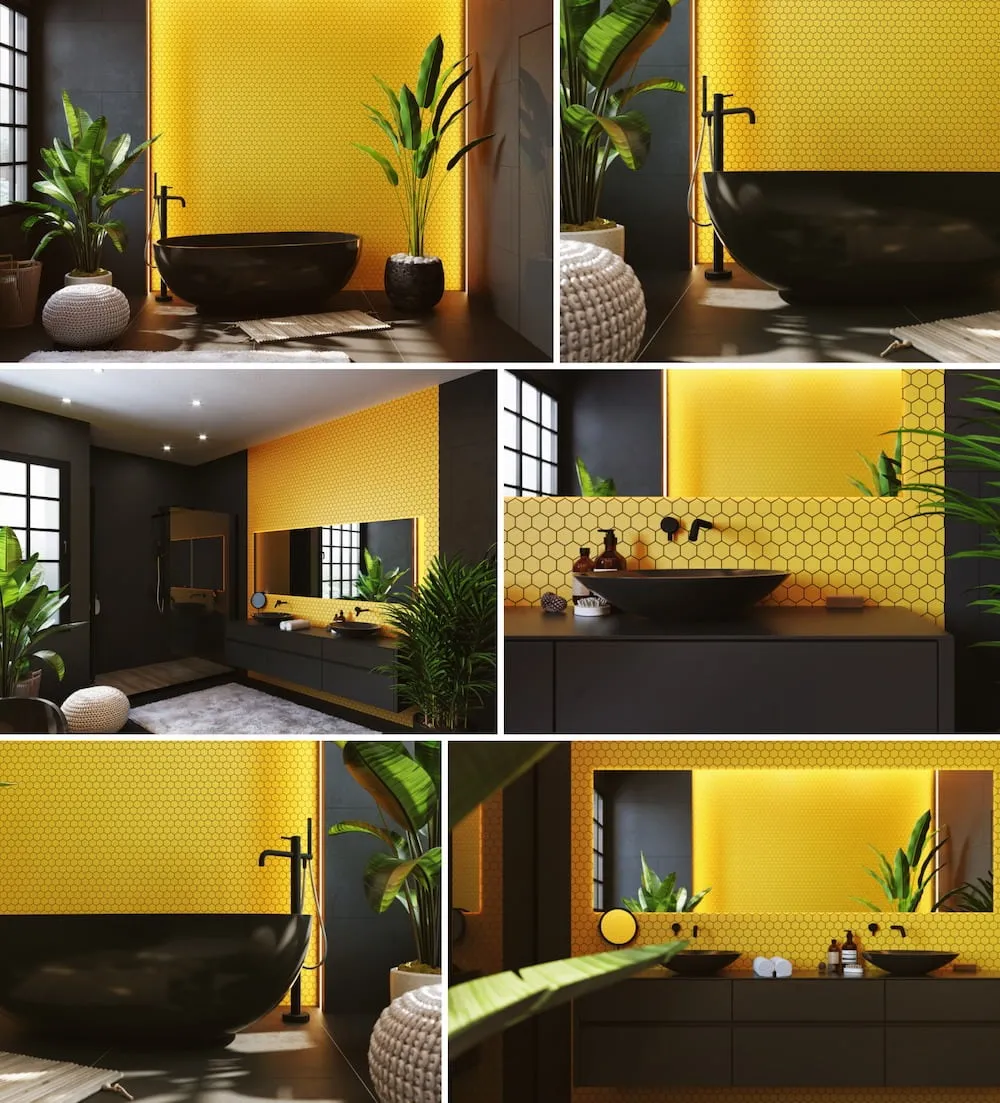 Сочетание черного и желтого цвета в интерьере ванной