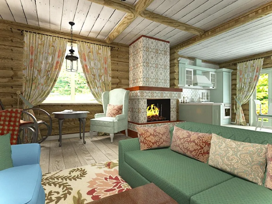 Уютная гостиная с камином в деревенском стиле