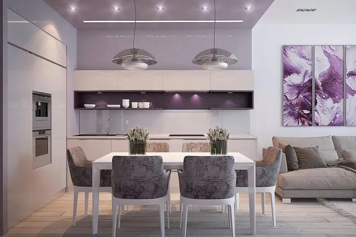 Фиолетовый тон в интерьере кухни-гостиной в квартире